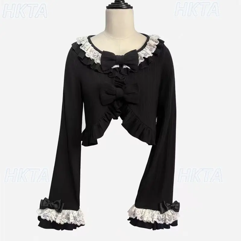 เสื้อคาร์ดิแกนไหมพรมสั้นแต่งระบายสไตล์โลลิต้า แขนยาวจีบหรูหรา สำหรับผู้หญิง ฤดูใบไม้ร่วง 2025 รุ่นใหม่