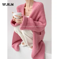 Women Sweet Style Solid Color Knitting Long Sleeve X-long Cardigans 2024 Winter Fashion Chic Casual Simple Oversized Sweater