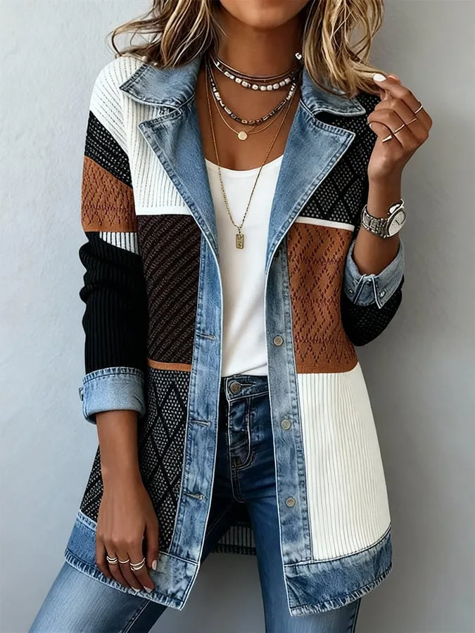 Gerippter Denim-Patchwork-Blazer für Damen mit Revers, langen Ärmeln, einem Knopf, lässig, mittellang, Damen-Oberbekleidung für Frühling und Herbst – Detail 6