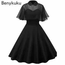 Women Vintage Gothic Cape Black Dress 2026 Autumn Two Piece Mesh Cloak Sleeves Peter Pan Collar Elegant Retro Goth Party Dresses