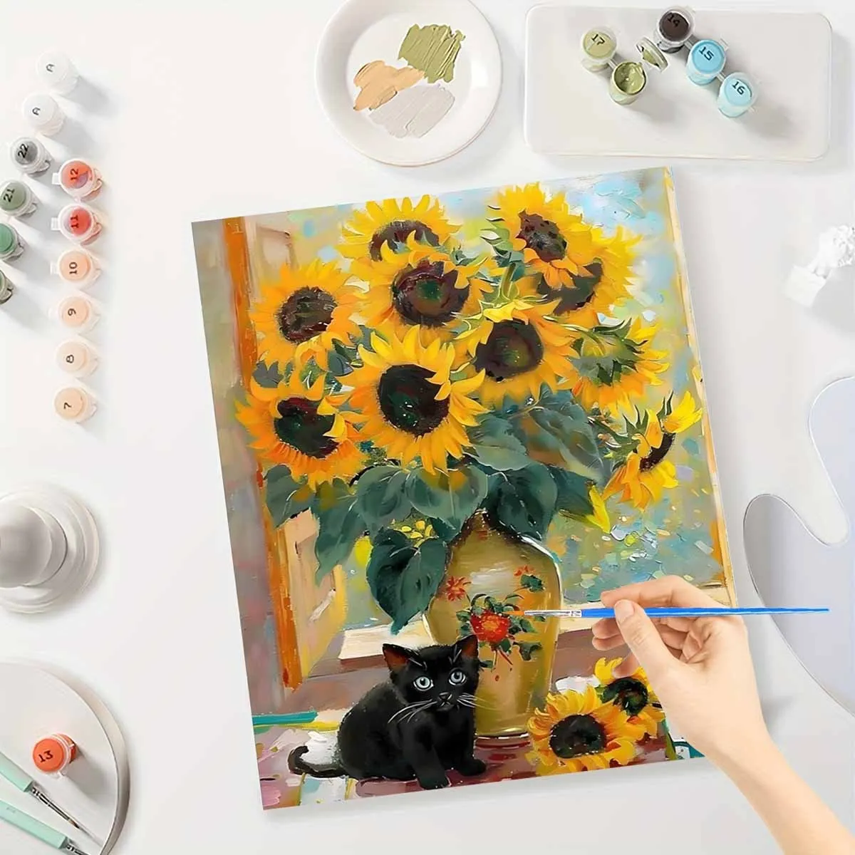 Oil Painting By Numbers Kits Sunflowers and A Little Cat Number Drawing Canvas DIY Pictures By Numbers Home Decor