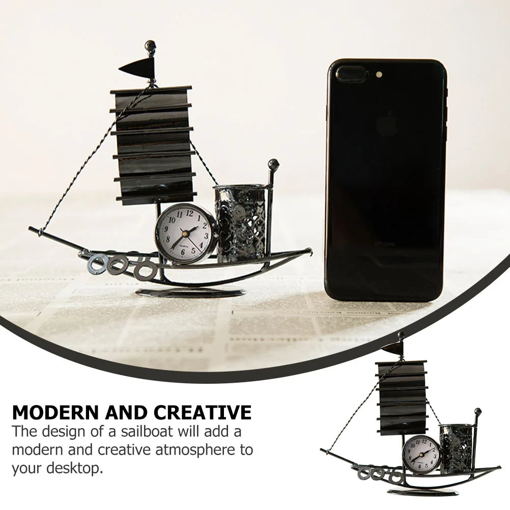 

Desktop Wrought Iron Sailing Ornaments Pencil Holder for with Clock Metal Office
