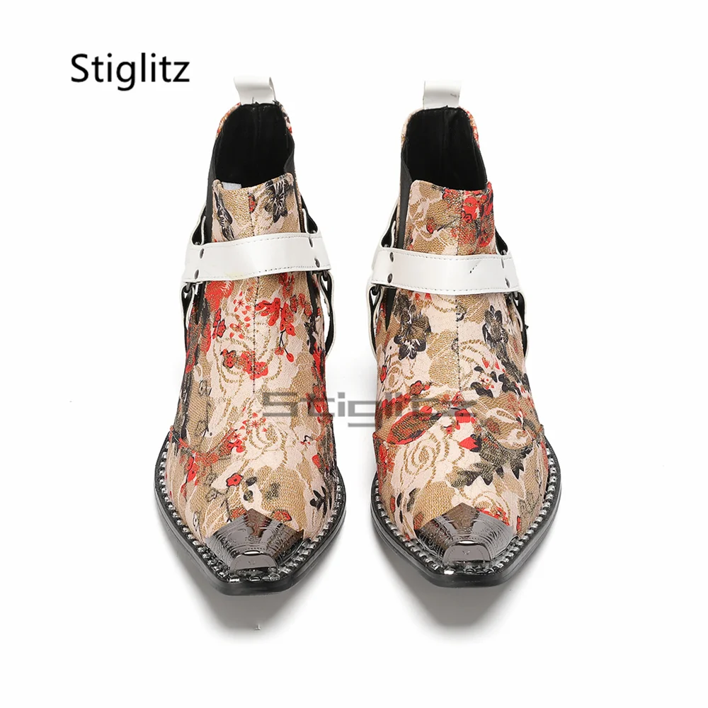 Men's Prints High Heels Chelsea Boots Metal Pointed Toe Genuine Leather Slip On Ankle Boots Stretch Buckle Circle Male Shoes