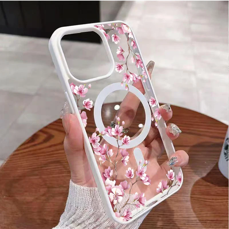 Sakura rosa elegante floral fundo design magnético caso de telefone para iphone 17 16 15 14 13 12 pro max 11 16 plus 16e 17air capa