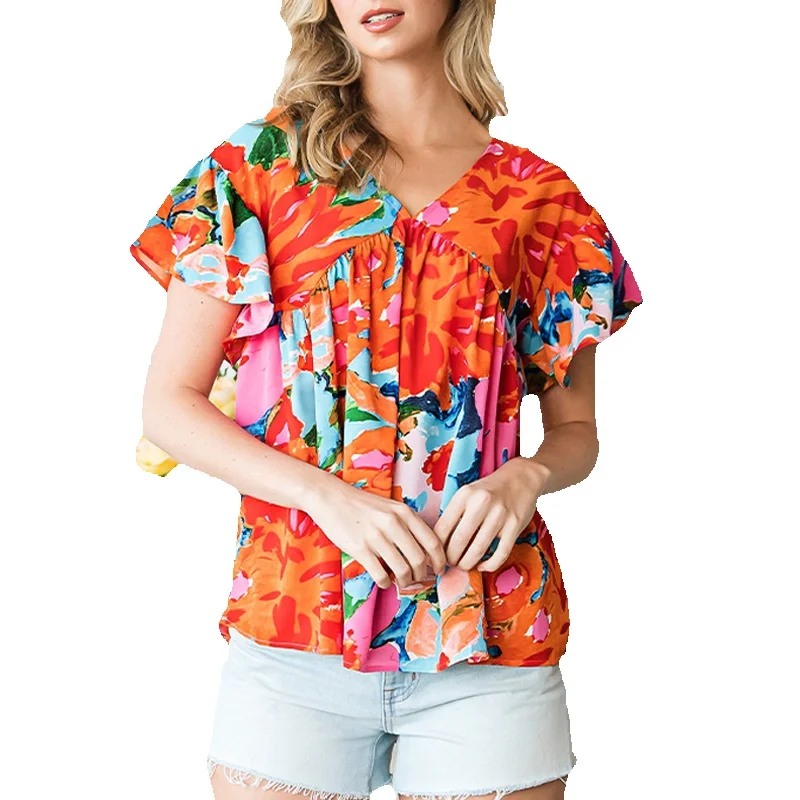 

Summer Pink Abstract Print V-Neck Ruffle Sleeve Shirt For Women Open Back Lace Up Colorful Flower Loose T-Shirt