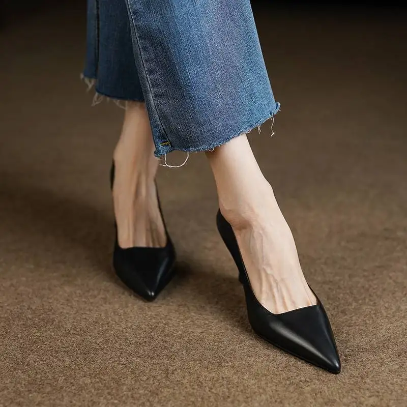 Krazing Pot New Genuine Leather Pointed Toe Thick High Heels Spring Shoes Grace Wedding Mature Shallow Slip on Comfortable Pumps