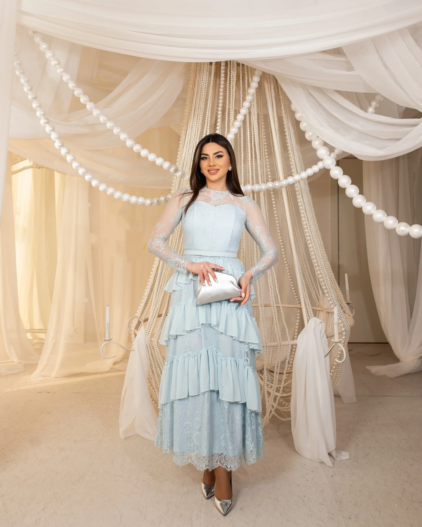 Arabia Elegant Lace Trim Modren Belt Formal Occasion Gown Classic Cake Skirt A-Line Evening Dress Customized