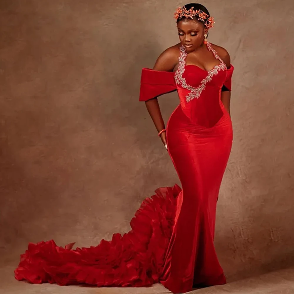 

Customized Ruffles Mermaid Aso Ebi Evening Dresses Off the Shoulder Vevlet Birthday Dress Lace Appliques Second Reception Gowns