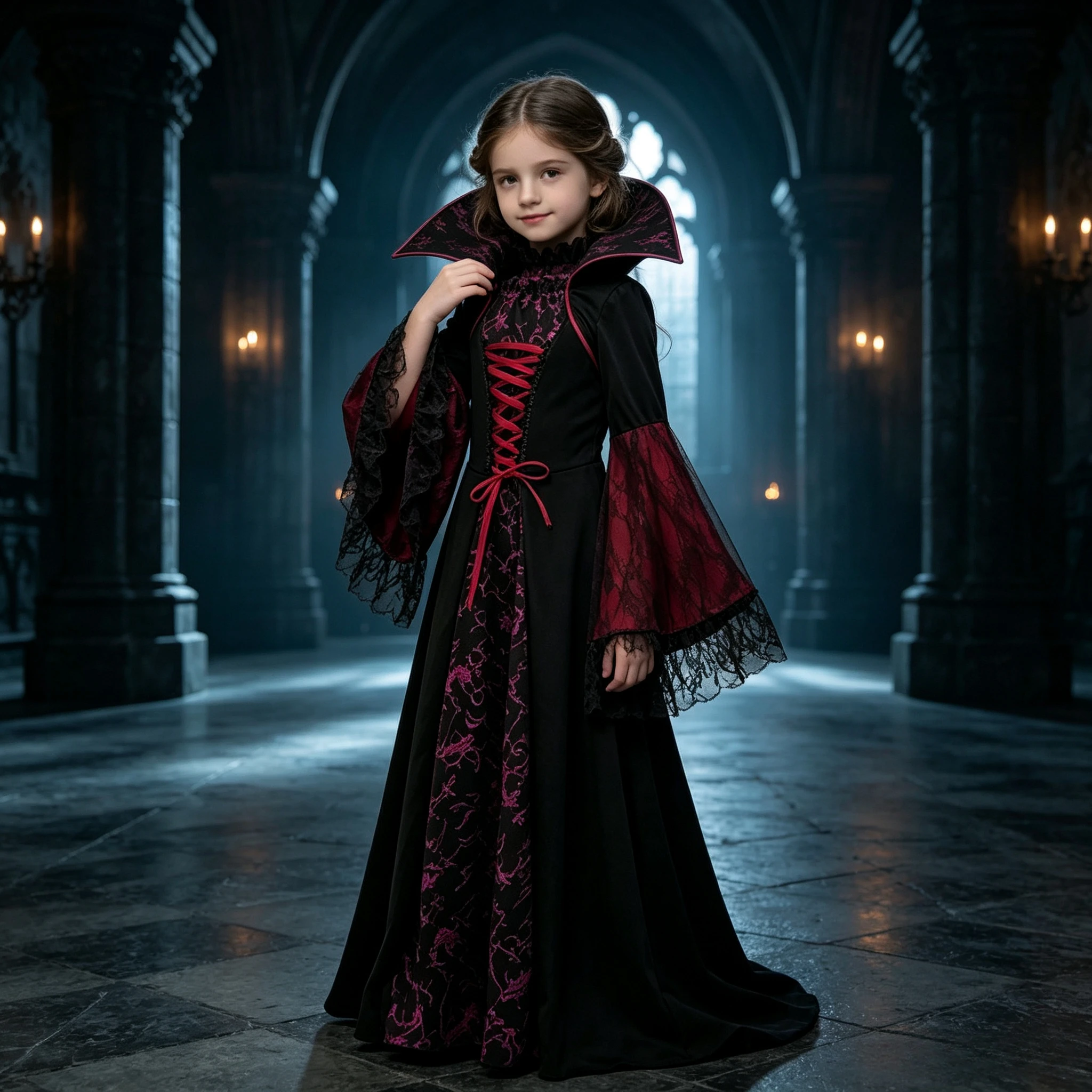Mädchen Mittelalterliches Vintage-Hexenkostüm mit Langen Ärmeln, Ausgestellten Ärmeln, Schnürkragen und Bedrucktem Kleid für Halloween, Karneval und Cosplay – Detail 7