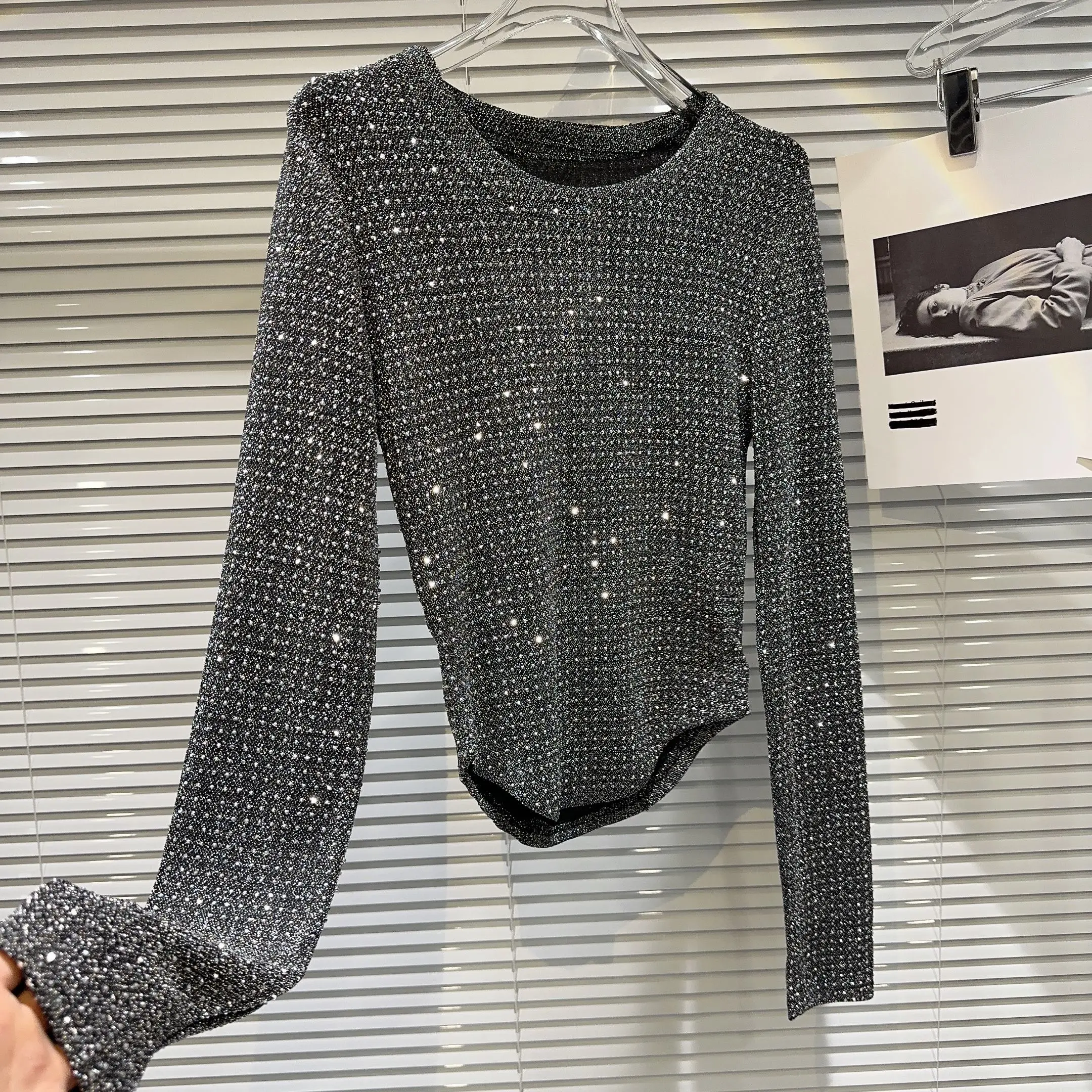 150kg XL-4XL Plus Size Rhinestone Women's T-shirt Autumn Winter Luxury Long Sleeve Women's Tee Shirt Large Size Women's Pullover