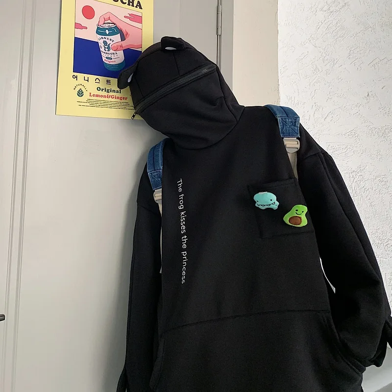 Sweat à capuche zippé grenouille unisexe, sweat-shirt surdimensionné brodé, pull chaud Harajuku, doublé sourire, style coréen, livraison directe,