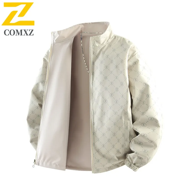 COMXZ 2025 Mens All Over Print Stand Collar Reversible Jacket Spring Autumn Casual Cardigan Simple Solid Color Trendy Coat