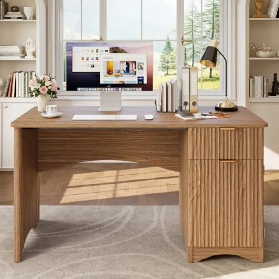 Home office computer desk with drawer, 47 inch modern wood desk in walnut finish featuring adjustable shelves and storage cabin