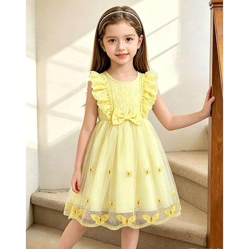 Dress For Girls Yellow O-Neck Fly-Sleeve Tulle Bowknot 8-12 Years Summer Elegant Sweet Style Princess Dress kids Clothing