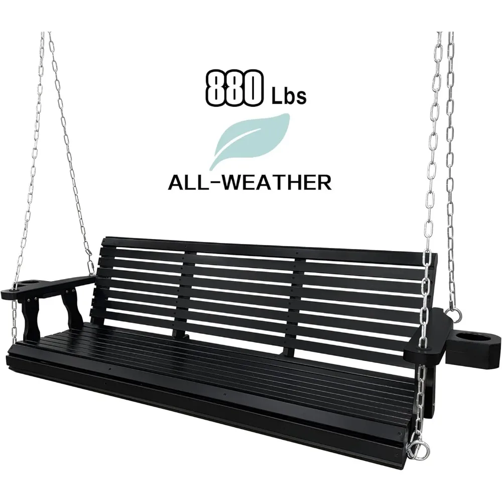 Wooden Porch Swing 3-Seater, Bench Swing with Cupholders, Hanging Chains and 7mm Springs, Heavy Duty 880 LBS