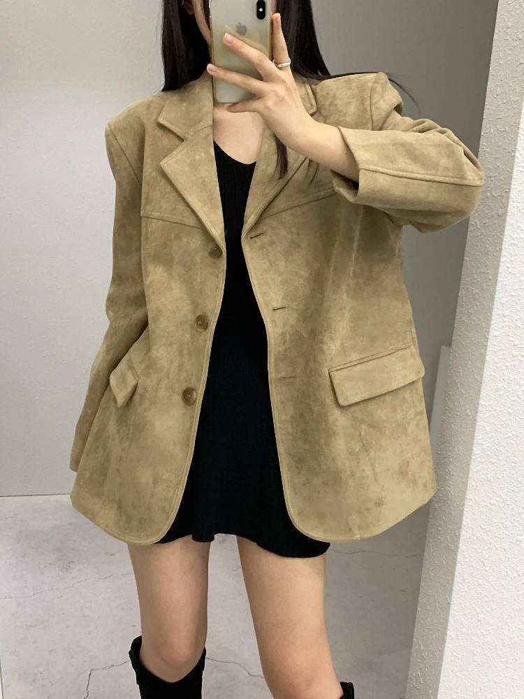 가을 겨울 여성용 루즈 캐주얼 빈티지 스웨이드 벨벳 시크 고급스러운 느낌 메랄 워드로브 코트 한국 스타일 긴 소매 버튼
