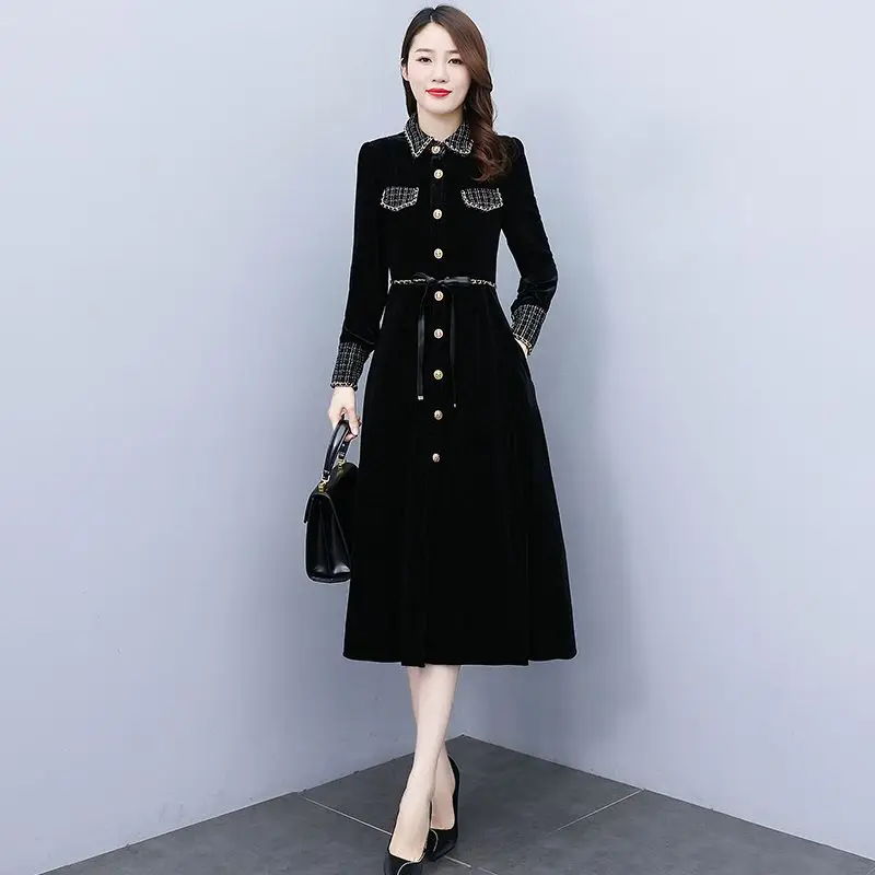 2023 Autumn The New Listing Star Checkered Polo Neck Dress Style Same Elegant Small Fragrance Rough Tweed Black Velvet Skirt