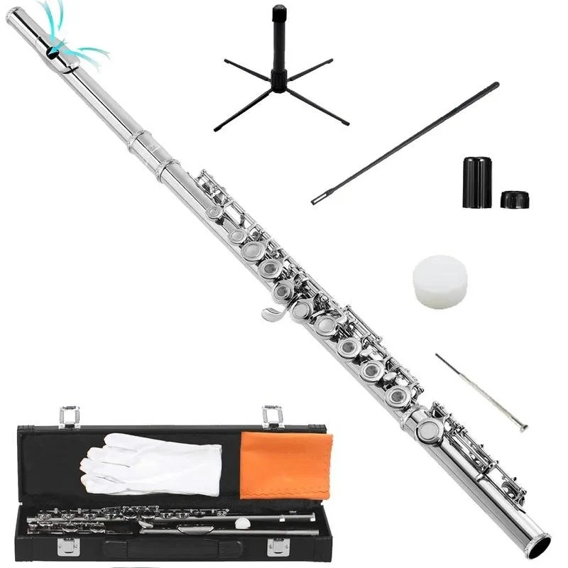 C Key Closed Hole Flute 16 Keys Nickel Silver Plated Western Concert Flute with E Mechanism for Students Beginners Band
