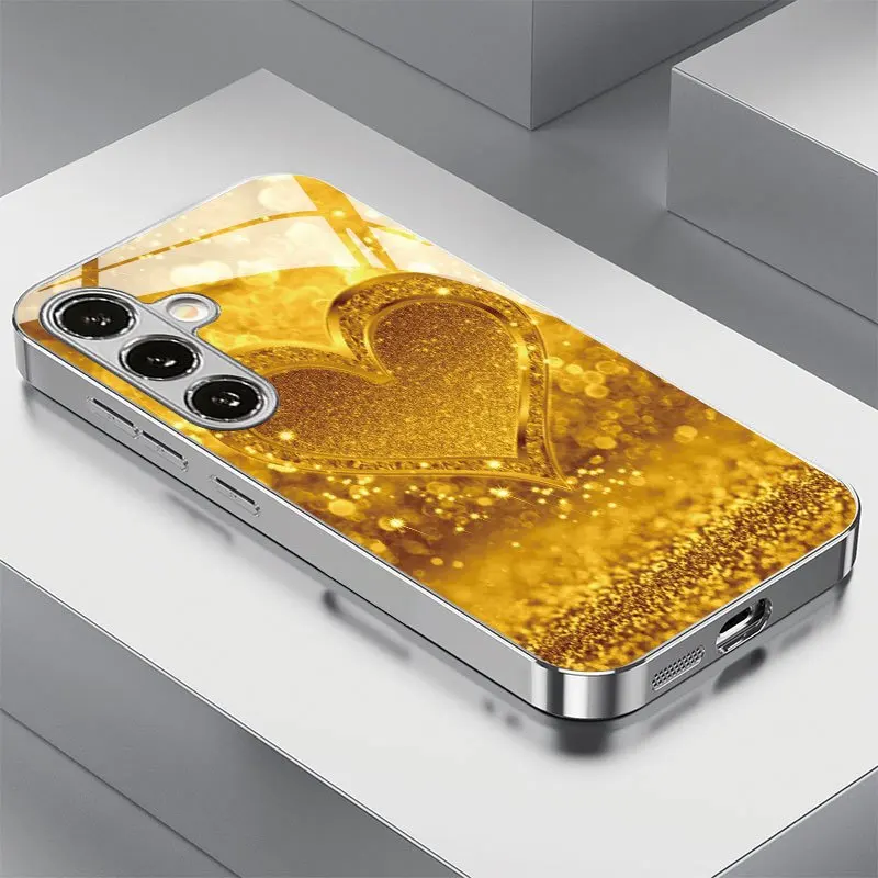 

Gold-plated tempered glass phone case for Samsung Galaxy S26, S25, S24, S23, and S22 Ultra Plus. A shimmering gold heart.
