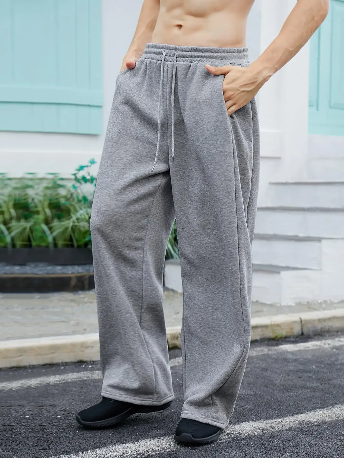 Male Solid Color Sanitary Winter Pants 2027 Drawstring Waist Straight Wide Leg Loose Fit with Pockets Versatile Sports Trousers