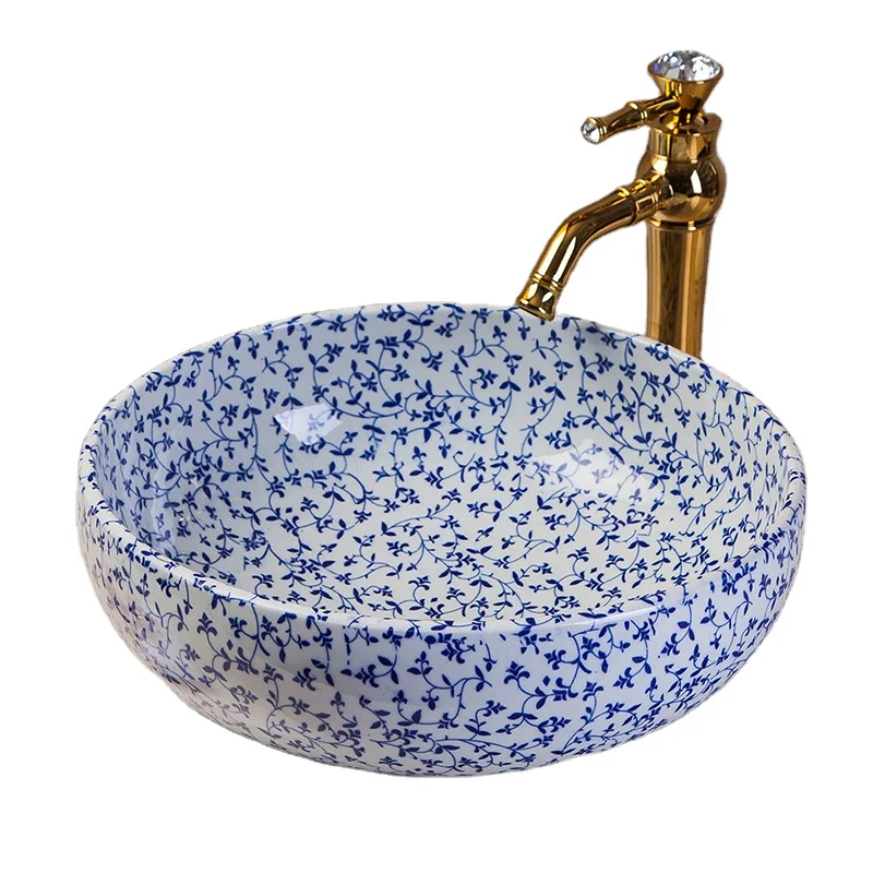 

Chinese blue and white branch lotus pattern decorative ceramic round counter above artistic bathroom sink