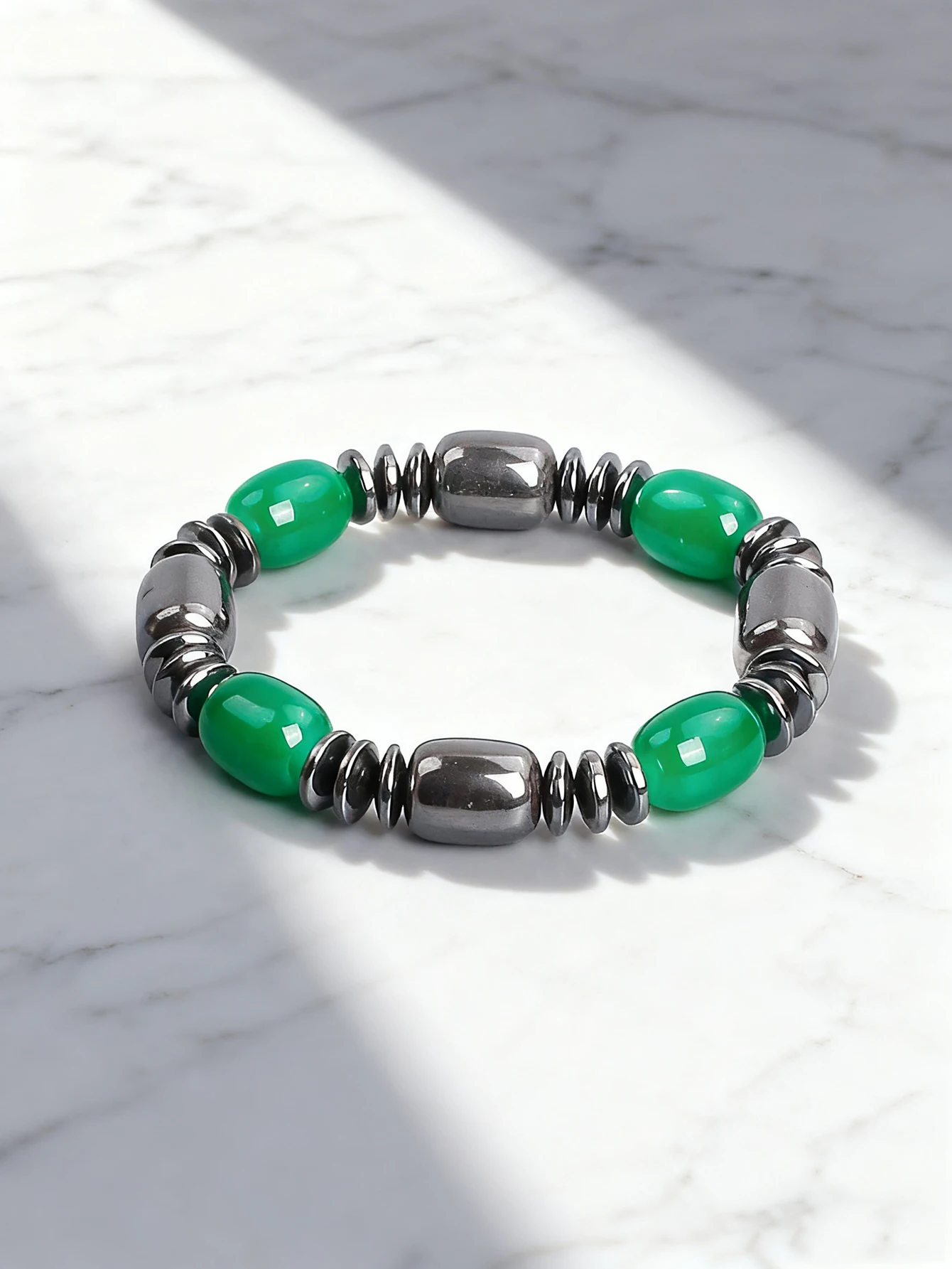 Hematite & Green Agate Cylinder Bead Bracelet Natural Stone Hematite Spacer Beads for Vigour Protection Balance Strength Jewelry