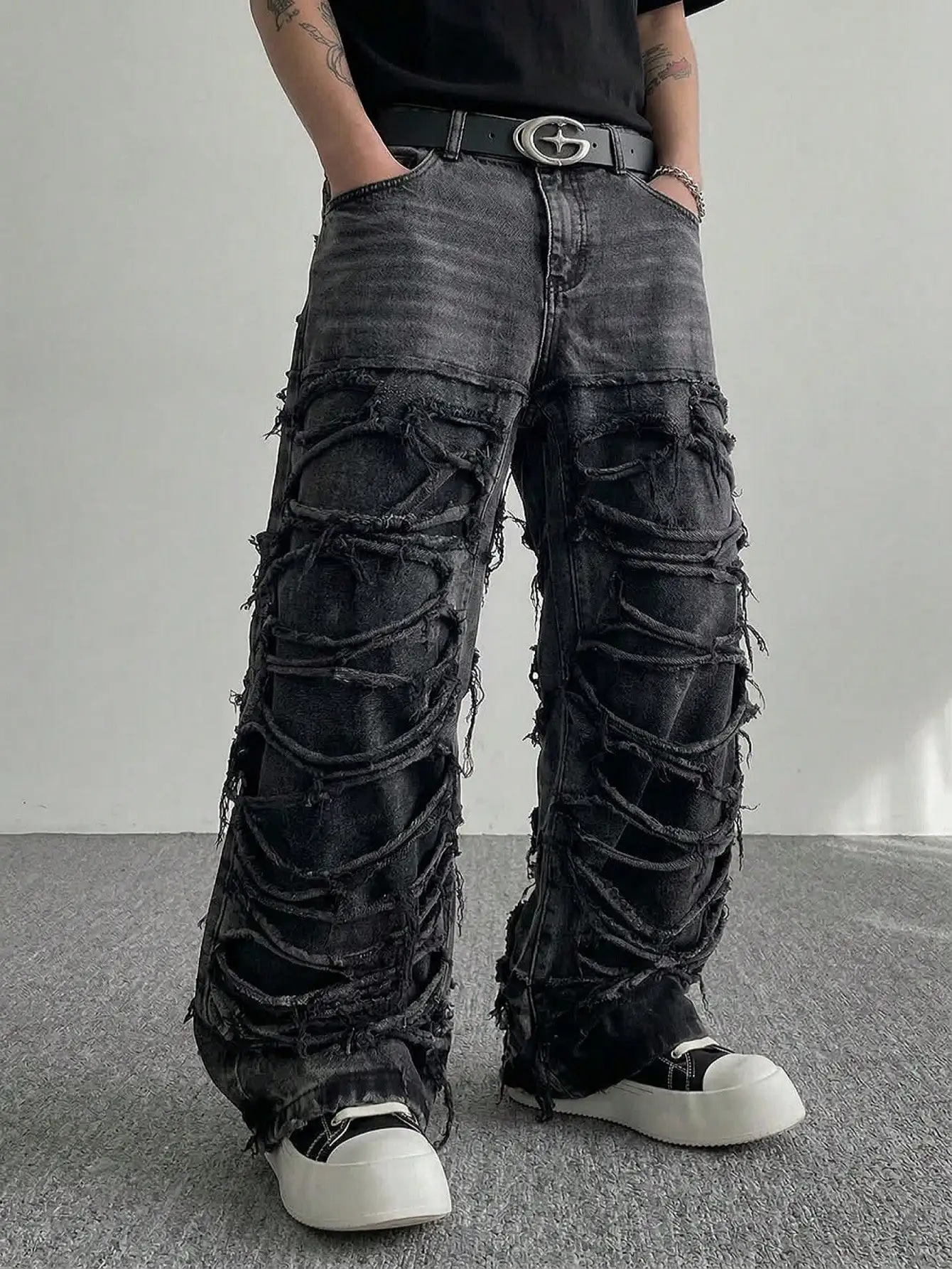 Men's Dark Grey Washed Multi-Layer Tassel Ripped Flare Jeans, Gothic Embroidered Wide-Leg High Street Denim Pants