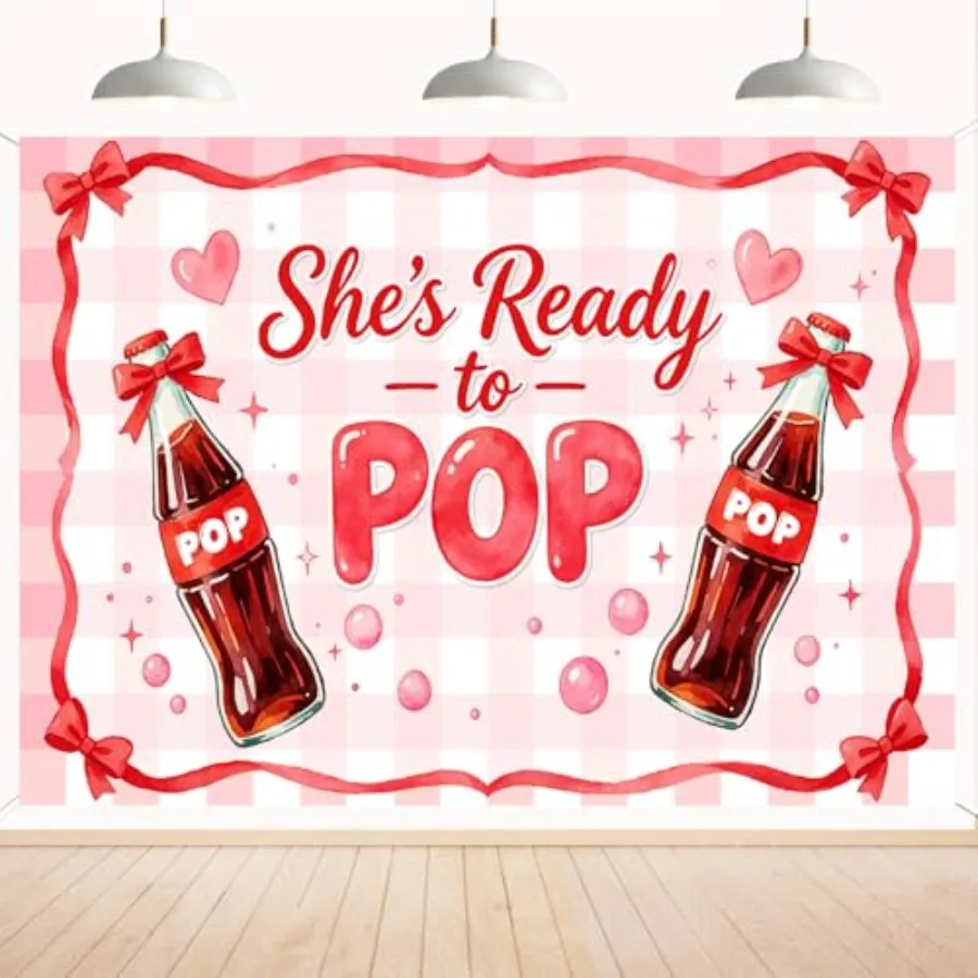 

She's Ready to Pop Backdrop Banner, Shes Ready to Pop Baby Shower Decorations Backdrop, Pink White Soda Theme Shes About to Pop