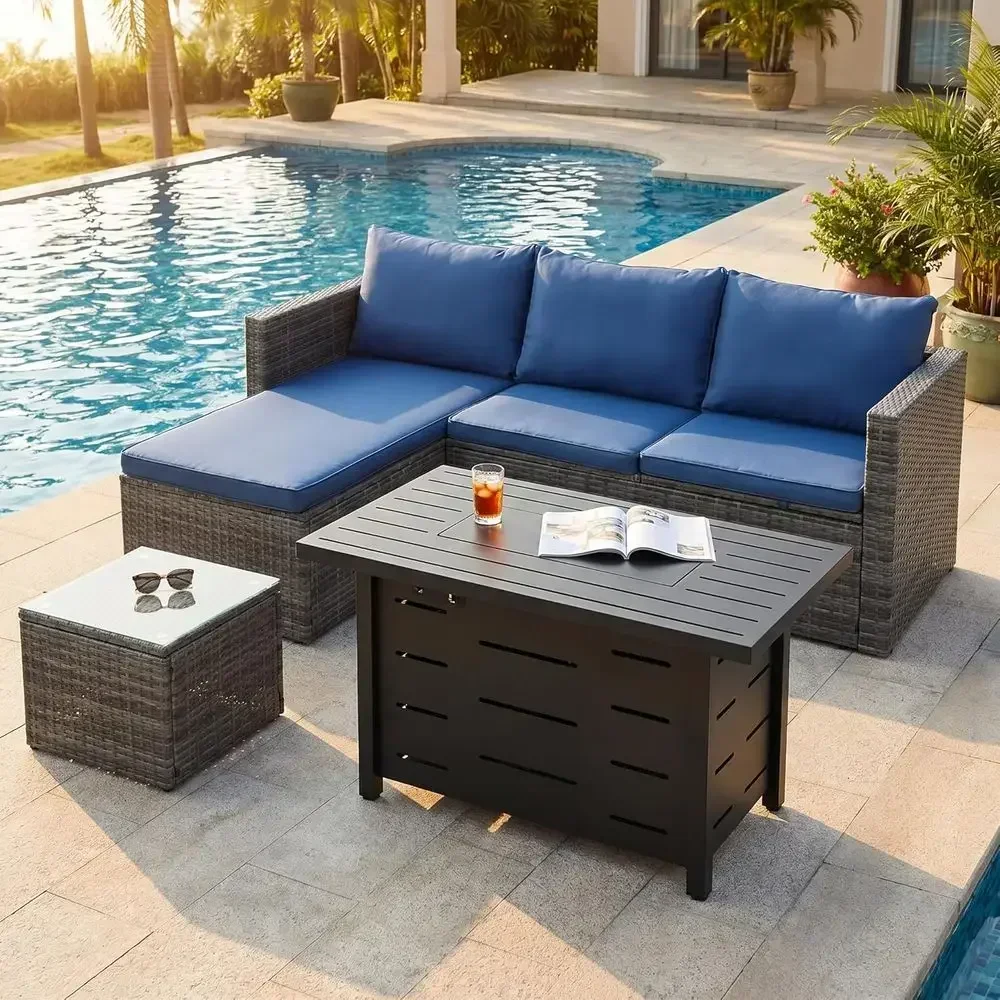 4-Piece Outdoor Wicker Sectional Sofa Set with Propane Fire Pit Table, Ideal for Backyard, Poolside, Garden, Blue Cushions