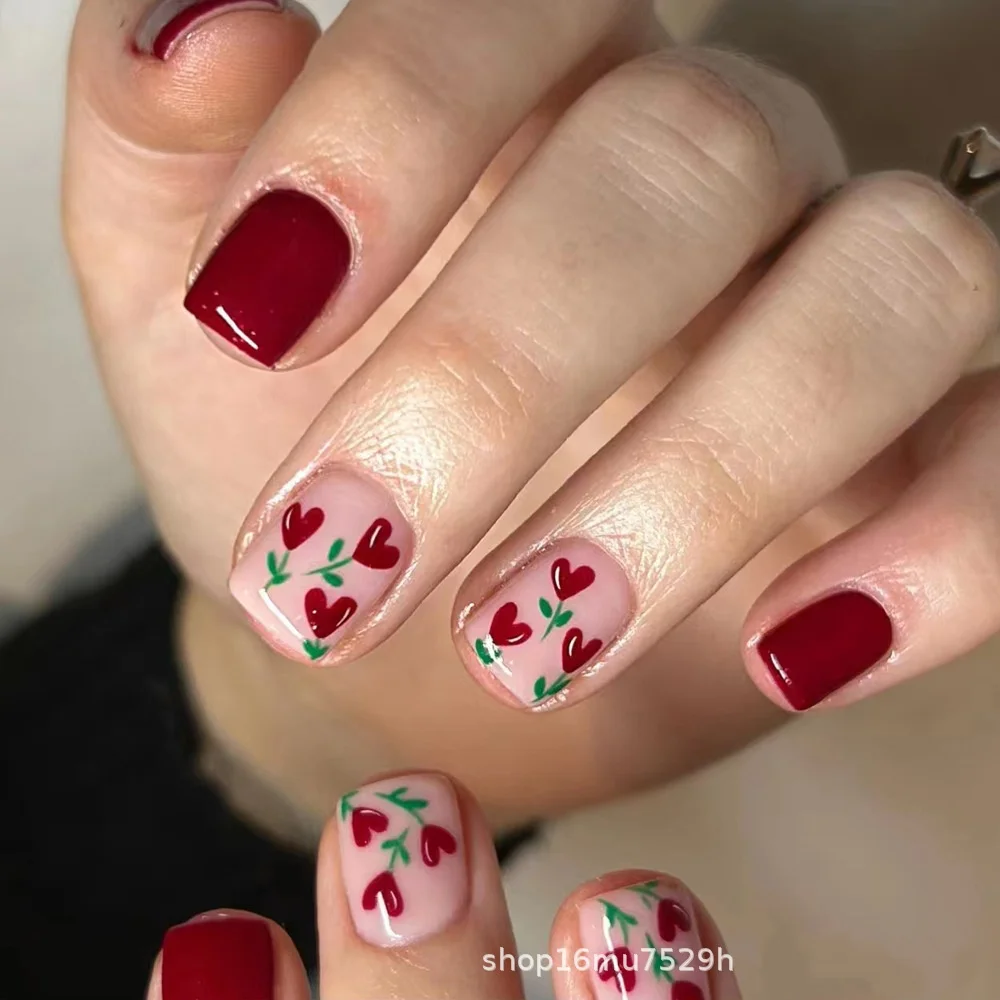 24 pièces poudre brillante couverture complète pointe d'ongle doux court carré faux ongles Art fruits conception faux ongles nu rose Ballet presse sur les ongles