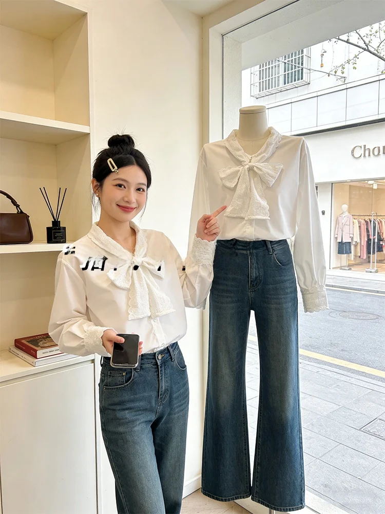 

French Style Lace Trim Blouse Women's Spring Autumn Winter White Shirt Knot Tunic Top Inner Wear Layering Shirt