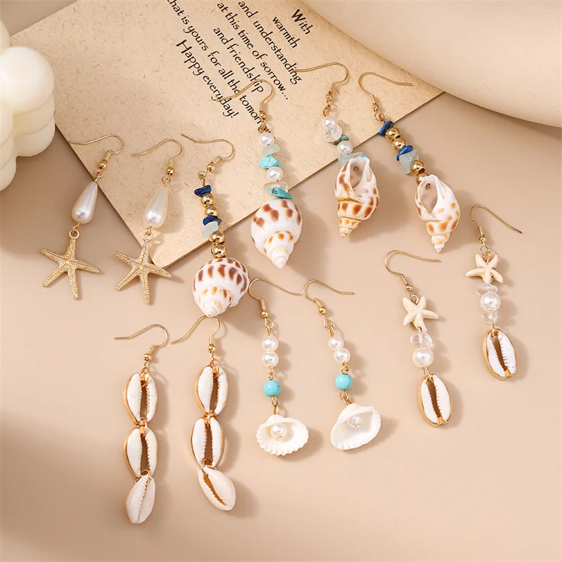 Niedliche Muschel-Seestern-Muschel-Tropfenohrringe für Frauen, Meeresorganismus, baumelnde Ohrringe, Mädchen, Studenten, Party, Urlaub, Schmuck, Geschenke – Detail 1