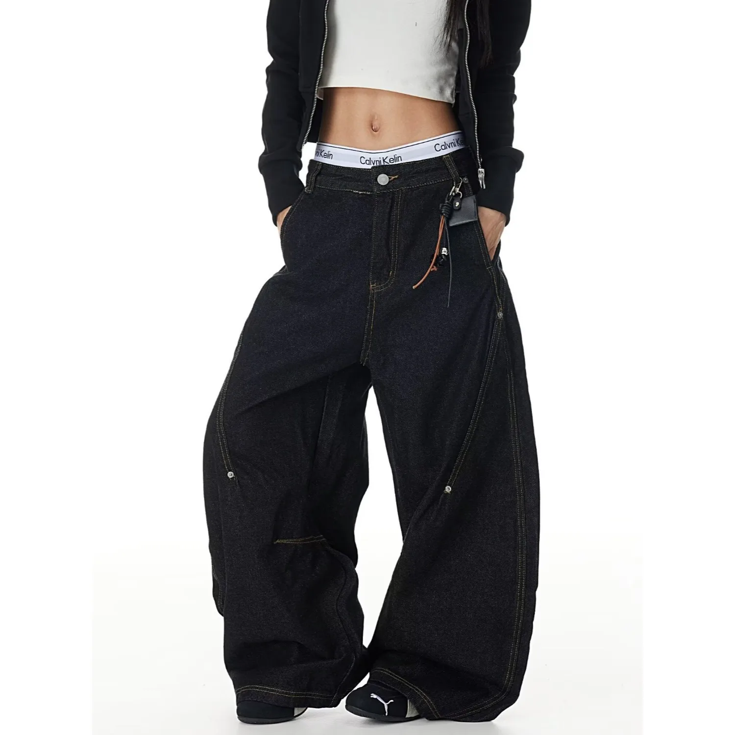 レディース ゴシック ブラック カーゴ デニム ジーンズ Y2K 原宿 ハイウエスト ワイドレッグ パンツ ストリート アメリカン レトロ スタイル ハイファッション