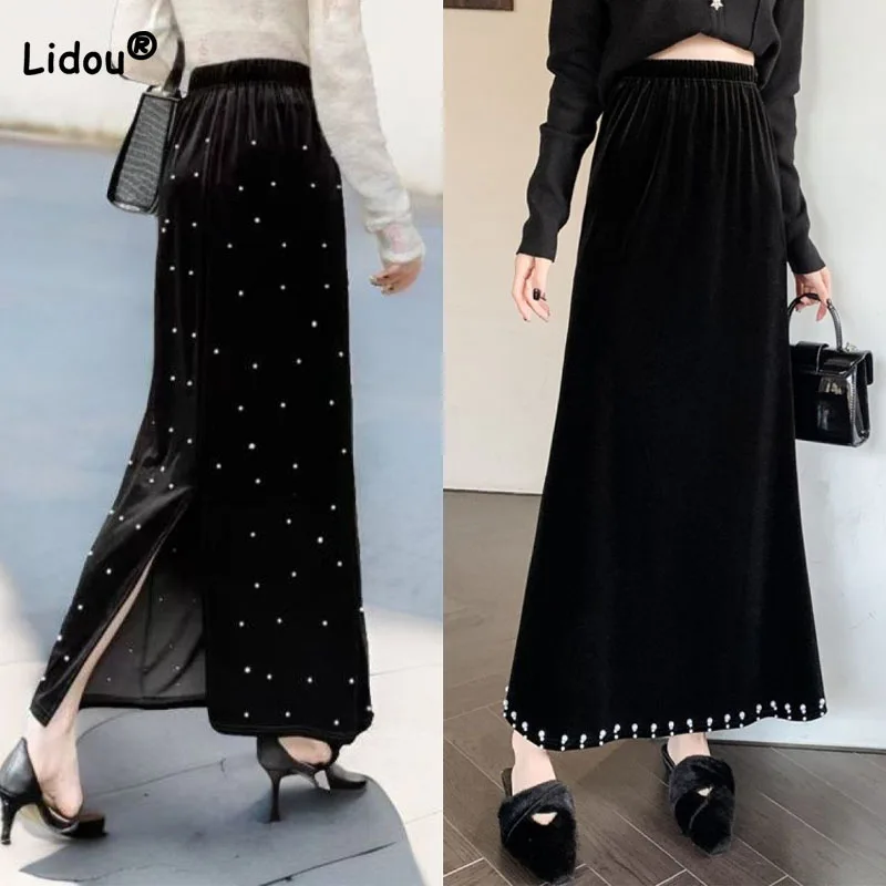 Fashion Temperament Beading Patchwork A-Line Skirt Autumn Winter Women's Clothing High Waist All-match Split Skirts for Female