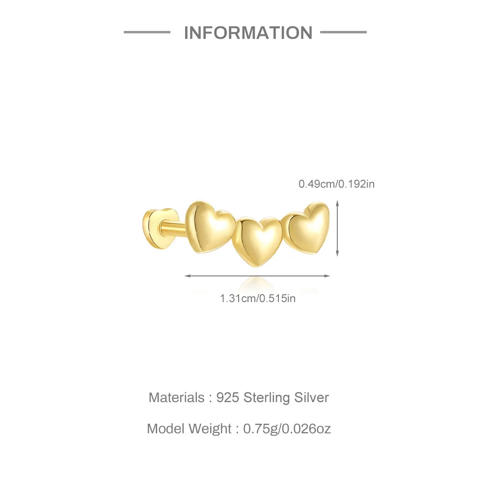 Aide 925 Silver Helix Cartilage Piercing Earrings For Women 18K Gold Color Heart Exquisite Ear Bone Studs Fine Jewel Accessories