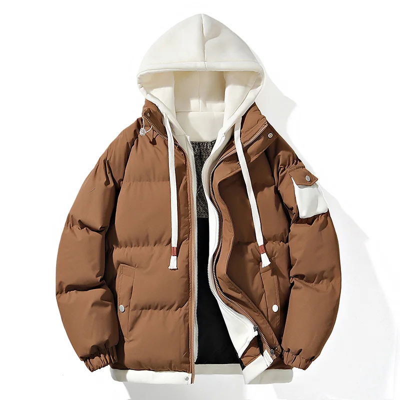 Color matching warm cotton-padded jacket, men's winter fake two thick hooded fashion coat, 2024 men's casual bread suit