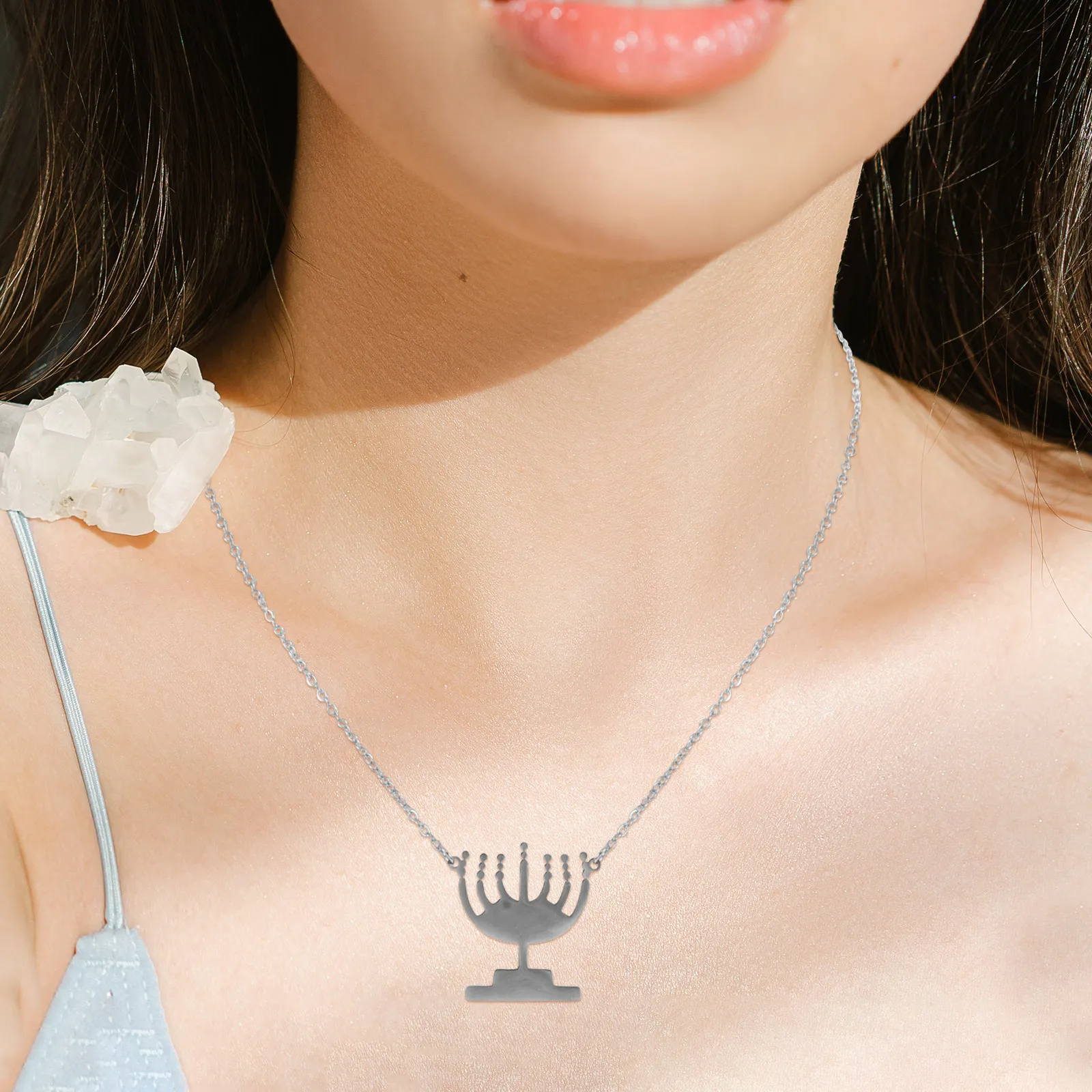 Stainless Steel Hanukkah Candlestick Pendant Necklace Women Clavicle Chain Unique Delicate Jewelry Charm Accessory