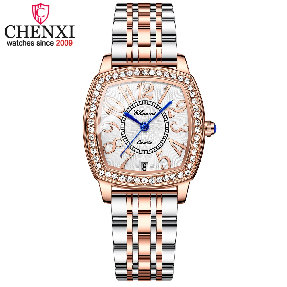 Jam tangan wanita, RoseGold, merek unggulan, mewah, berlian, arloji Stainless Steel, jam tangan Quartz tahan air dengan kalender