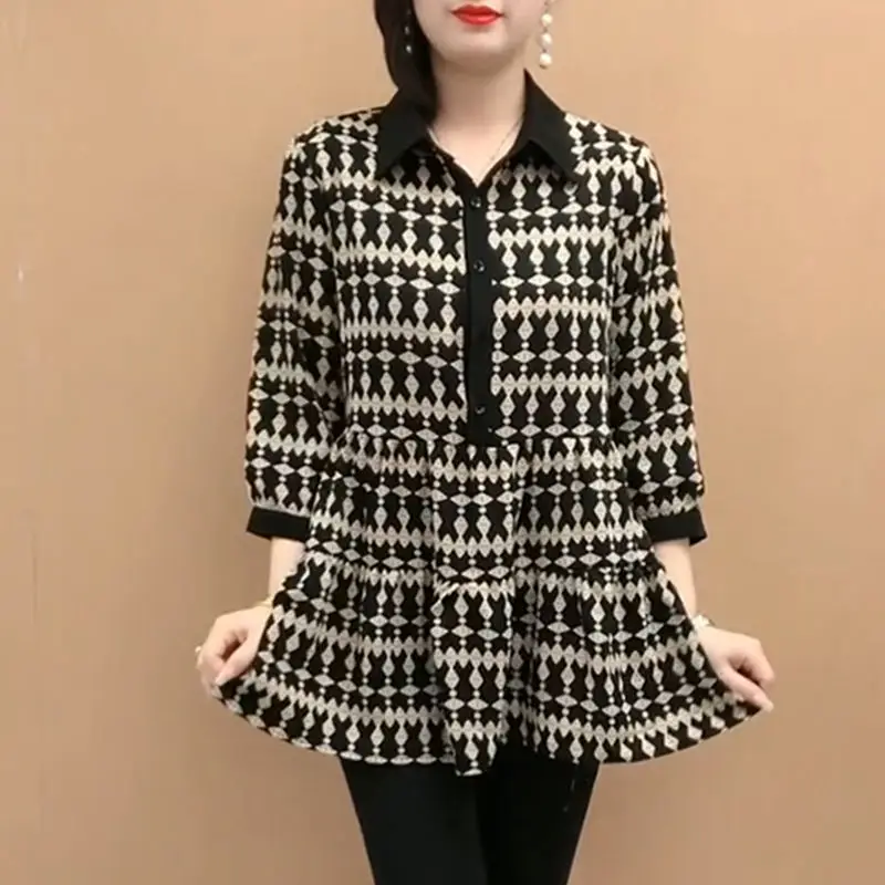 Polka Dot Printed Top Loose Plus Size Mom Outfit Stylish Mid to Long Length Fashionable Shirt for Women