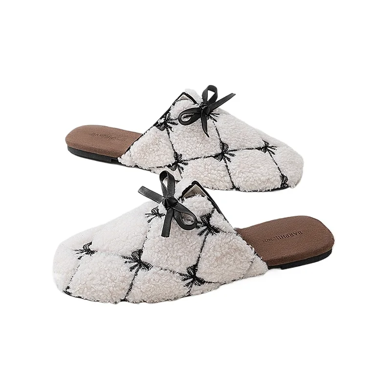 

Ladies Plush Slippers Winter Warm Home Shoes Non-Slip Sole Diamond Pattern Bow Decor Cozy House Shoes