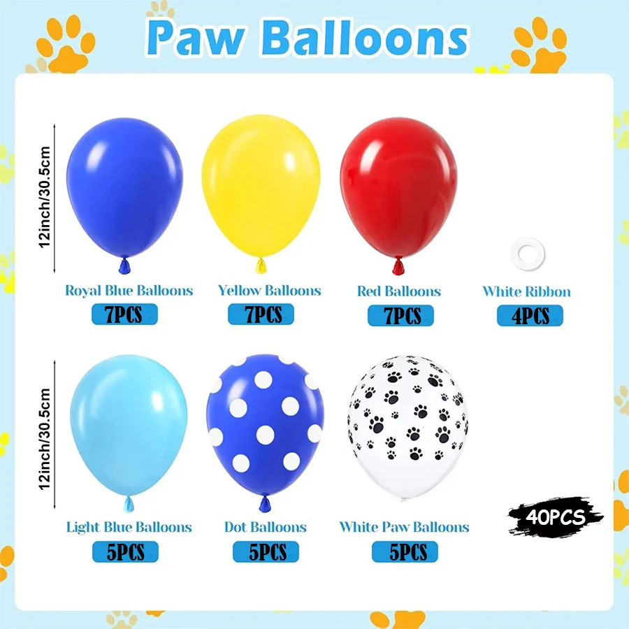40pcs 12inch Paw Blue Yellow Red Latex Balloons Set for Puppy Dog Patrol Theme Birthday Party Decorations Supplies