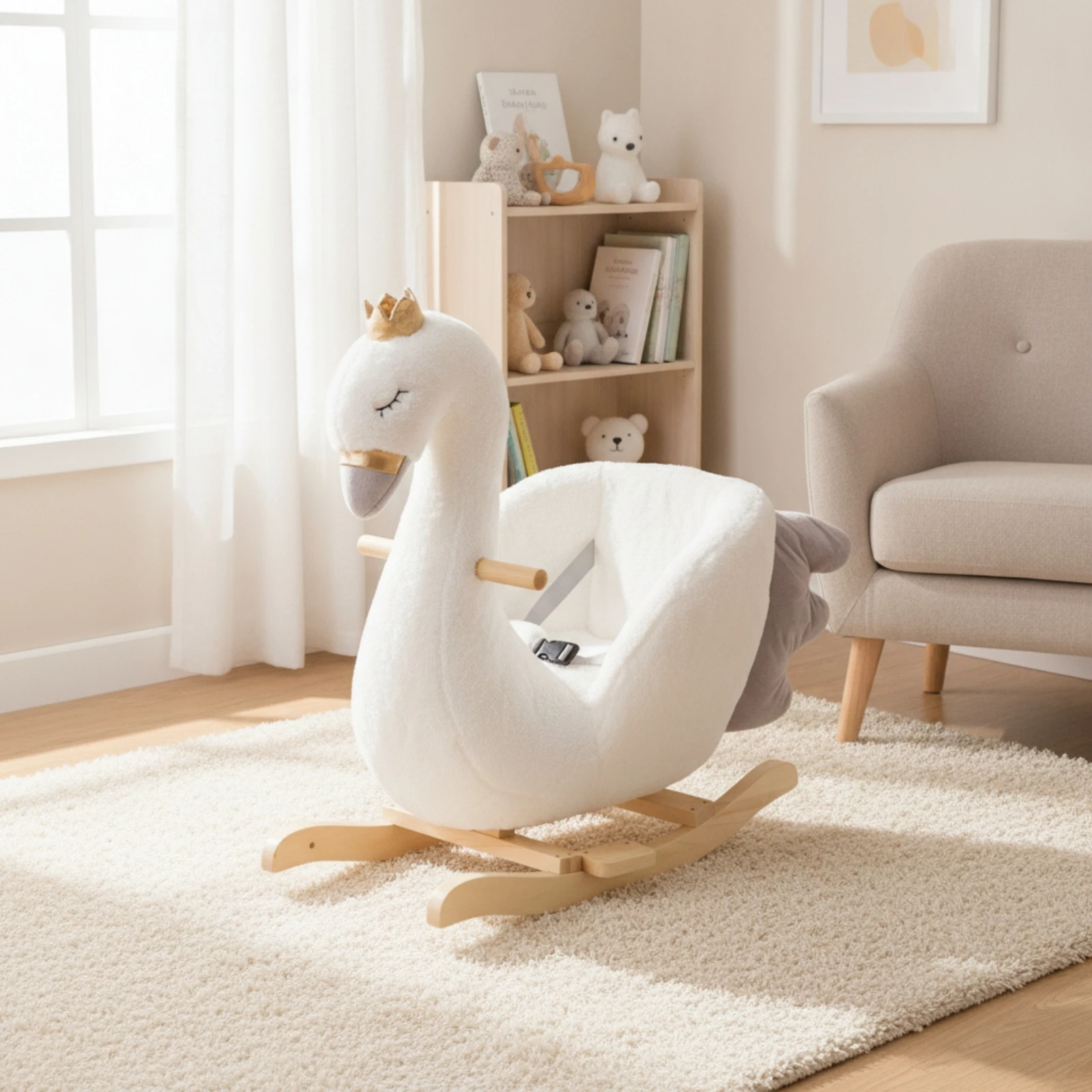 Swan Rocker with Wheels Safe Swan Rocker Rocking Horse with Wooden Base Comfortable Toy Secure for Toddlers, Nursery, Playroom