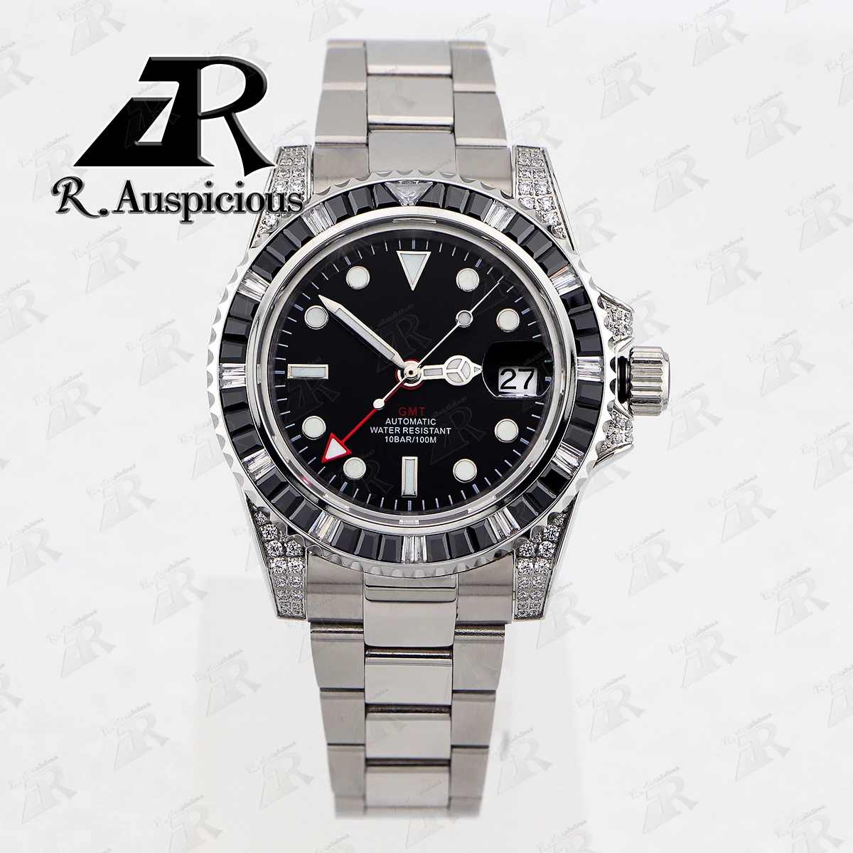 

Мужские часы из нержавеющей стали NH34 GMT, 40 мм, с бриллиантами, сапфировое стекло, автоматические механические водонепроницаемые часы, настраиваемый логотип