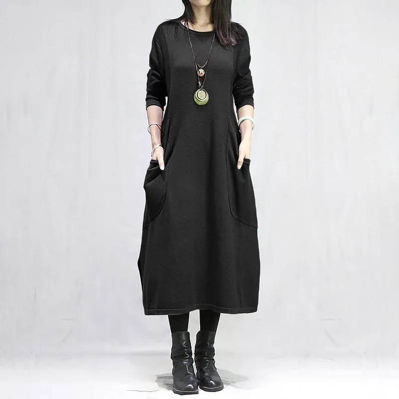 

2023 Spring and Autumn Women's Solid Round Neck Long Sleeve Loose Plus Size Midi Pockets Fashion Casual Office Lady Dress