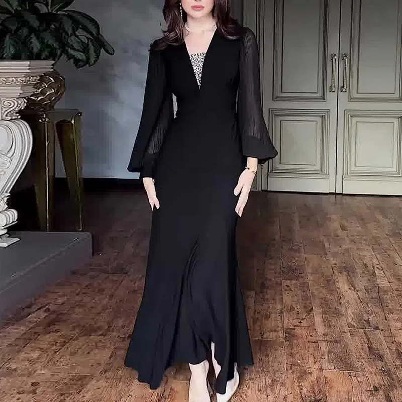Vestido elegante de fiesta trompeta con lentejuelas y cuello en V para mujer, vestido largo plisado de cintura alta liso de primavera, vestido largo acampanado con mangas abullonadas de otoño