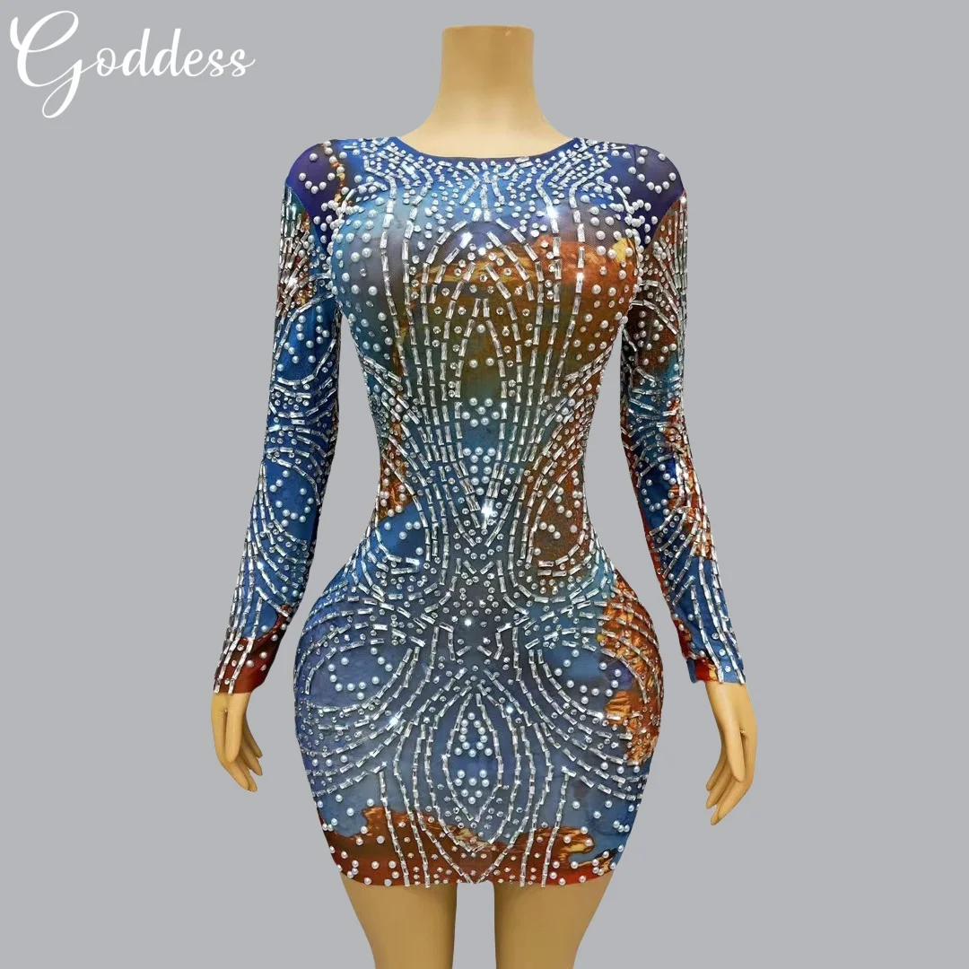 

Sparkly Rhinestones Short Dress Women Sexy Curve Evening Dress Celebrate Birthday Party Dress Photo Shoot Wear Singer Stage