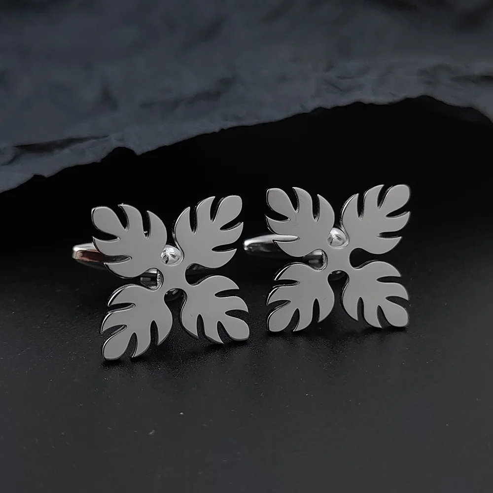 New Charming Tropical Rainforest Leaf Cuff Links for Men Stainless Steel Casual Style Jewelry Anniversary Gifts for Boyfriend