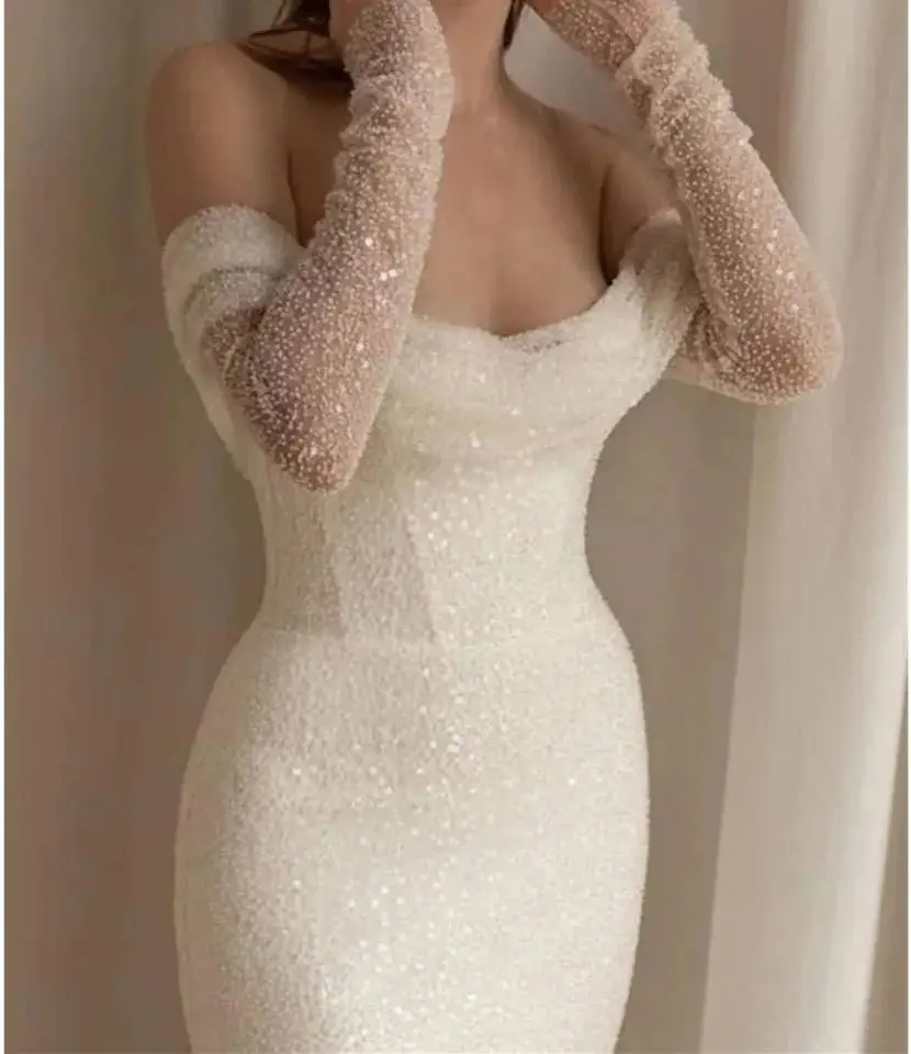 Customized Off Shoulder Glitter Elegant Mermaid Wedding Dresses Strapless Shiny Sleeves Bodycon Bohemia Bridal Gowns Plus Size