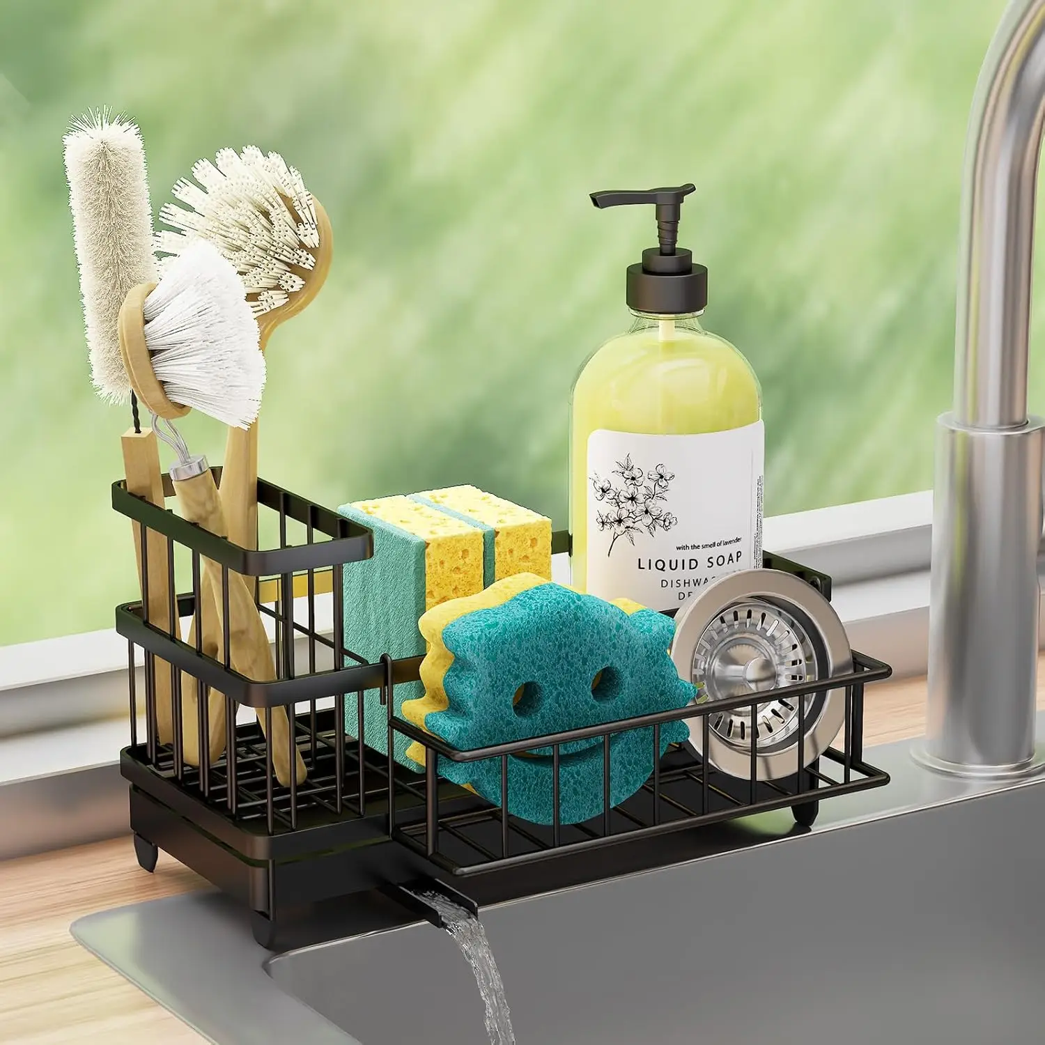 

Держатель губки Consuemst для кухонной мойки — органайзер для раковины с автоматическим сливом и съемной стойкой, высокий держатель для щеток, кухонный C