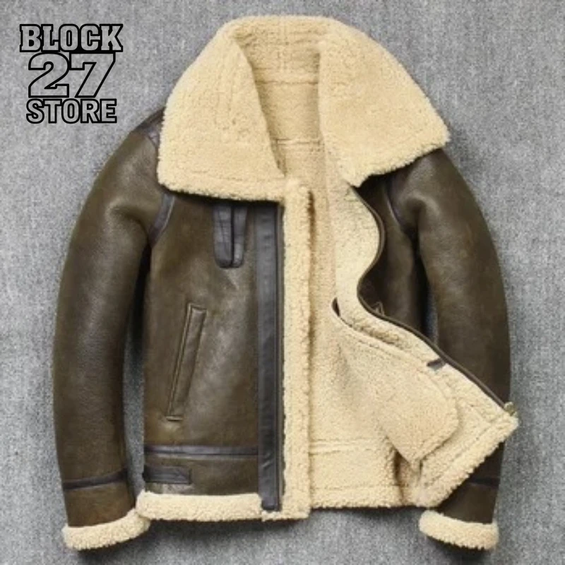 

Mens Jacket Harajuku Winter Mixed Aviator B3 Bomber Sheepskin Shearling Coat High Quality Rock Style Warm Pilot Outerwear New